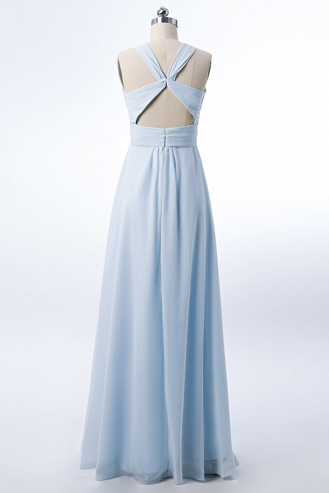  Ice Blue Halter Pleated A-Line Bridesmaid Dress