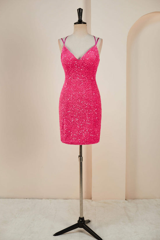 Deep V-Neck Hot Pink Sequin Sheath Criss Cross Back Homecoming Dress Movousdress Deep V-Neck Hot Pink Sequin Sheath Criss Cross Back Homecoming Dress Movousdress