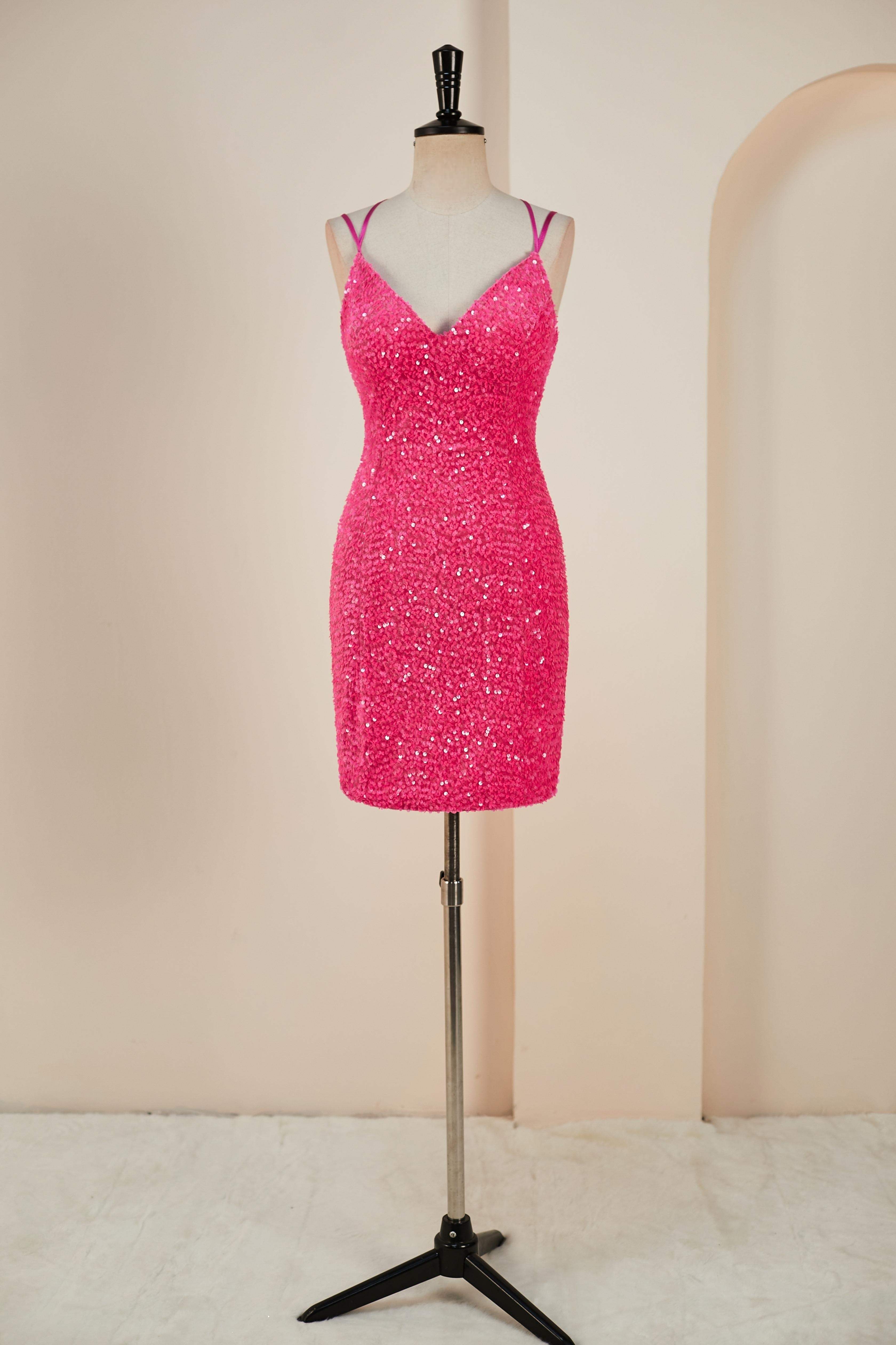 Deep V-Neck Hot Pink Sequin Sheath Criss Cross Back Homecoming Dress