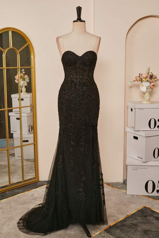 Black Strapless Lace Appliques Mermaid Long Prom Dress