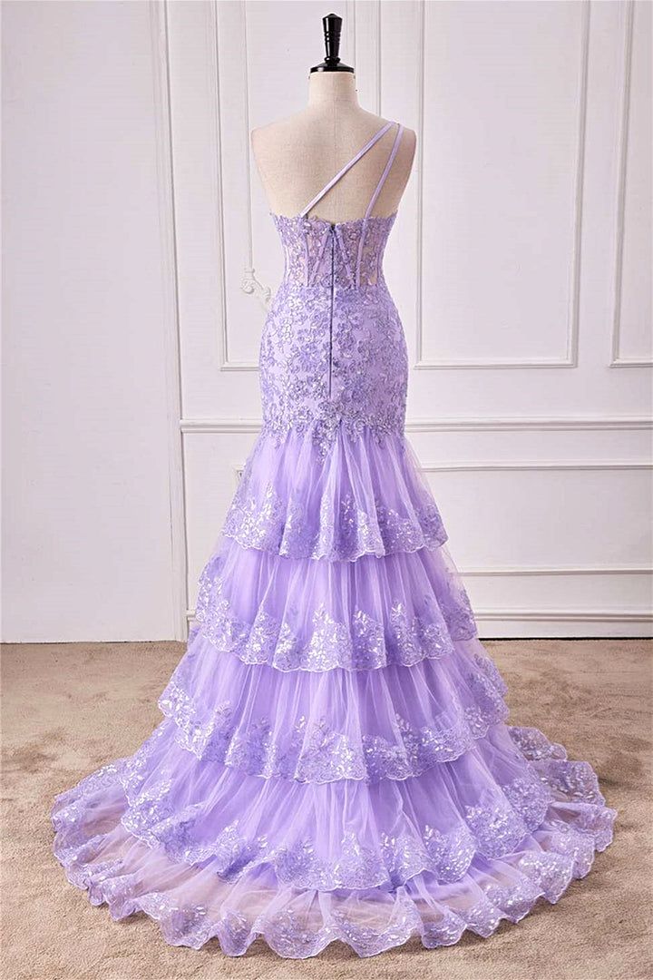 One Shoulder Lavender Lace Sequined Slit Mermaid Long Prom Dress