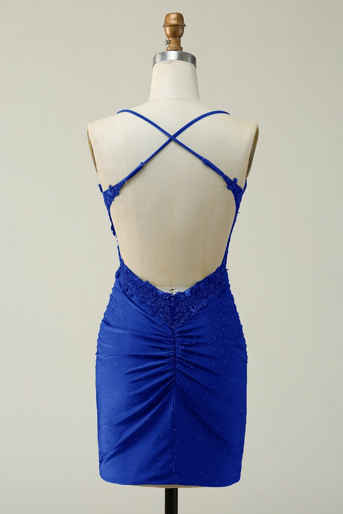 Royal Blue Straps Applique Tight Homecoming Dress with Open back