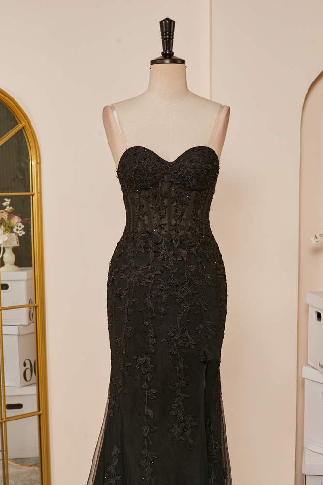 Black Strapless Lace Appliques Mermaid Long Prom Dress