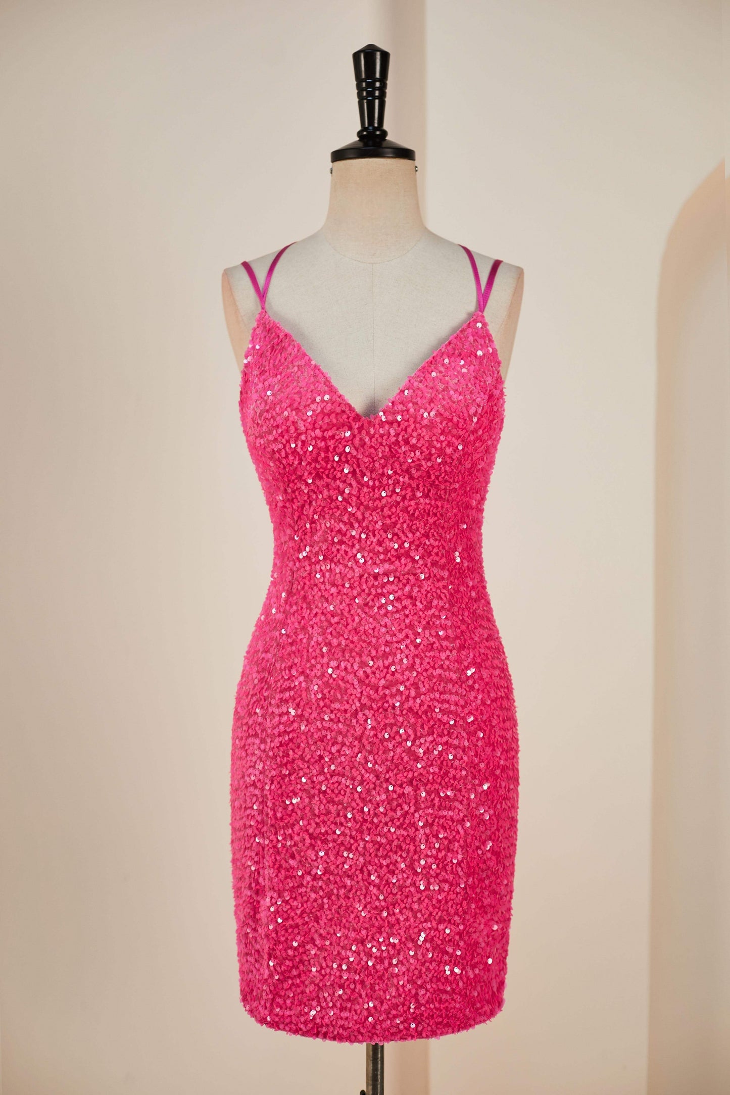 Deep V-Neck Hot Pink Sequin Sheath Criss Cross Back Homecoming Dress