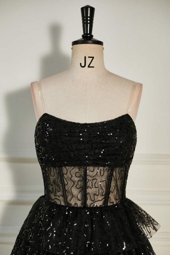 Strapless Black  Lace  Applique Ruffle Tulle Homecoming Dress