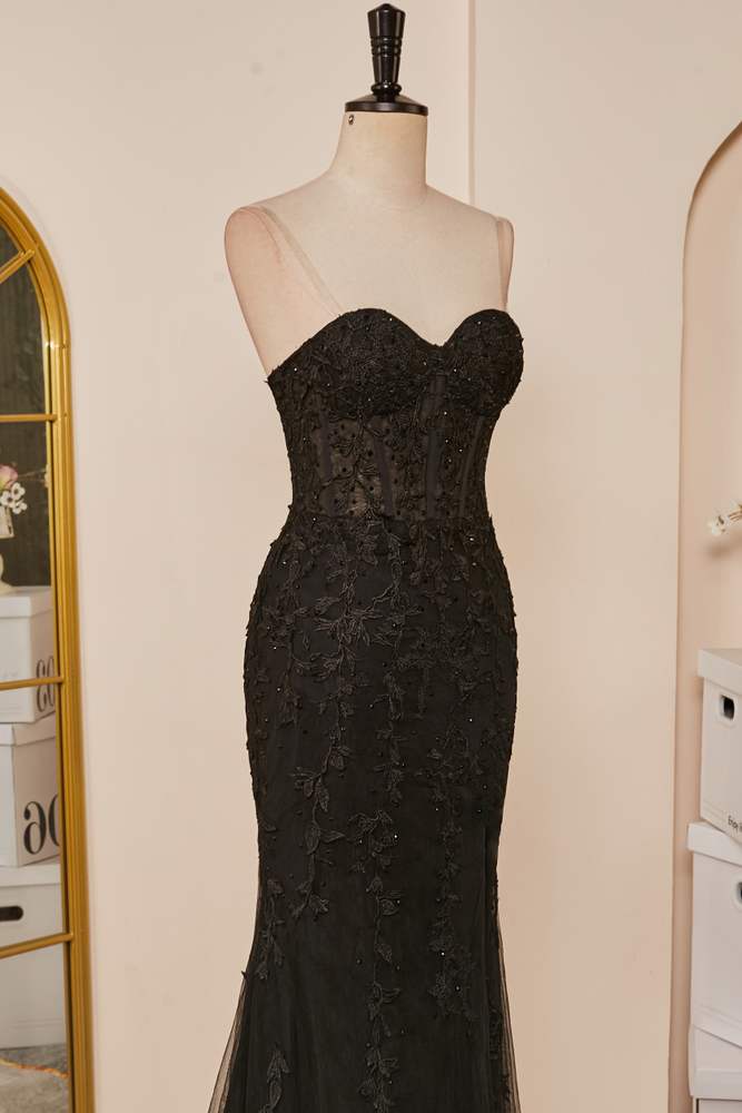 Black Strapless Lace Appliques Mermaid Long Prom Dress