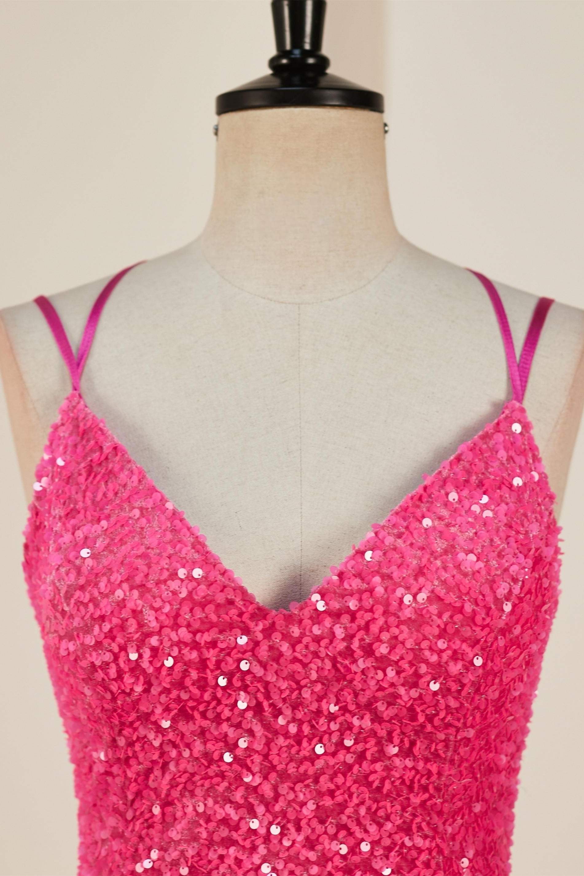 Deep V-Neck Hot Pink Sequin Sheath Criss Cross Back Homecoming Dress Movousdress Deep V-Neck Hot Pink Sequin Sheath Criss Cross Back Homecoming Dress Movousdress