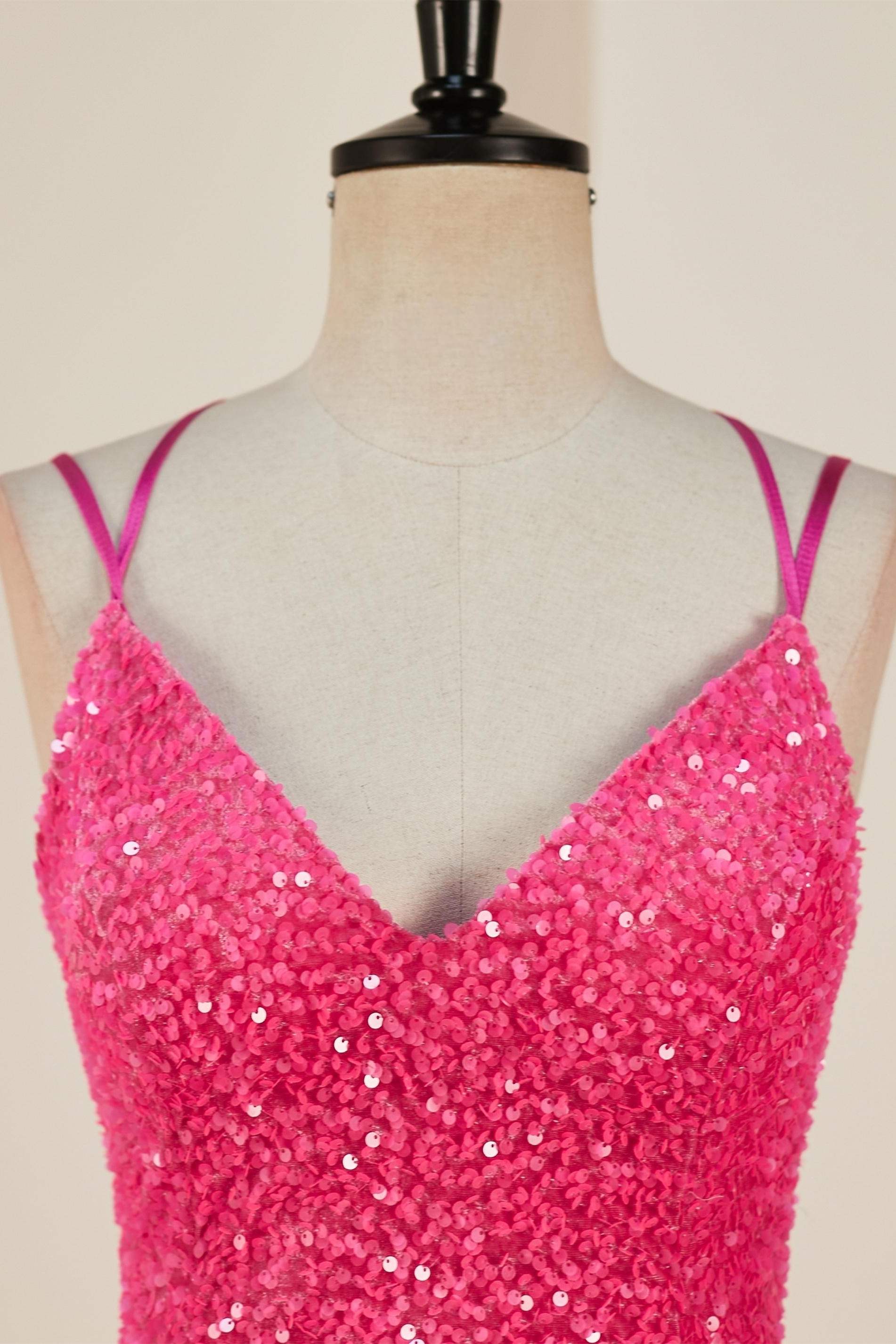 Deep V-Neck Hot Pink Sequin Sheath Criss Cross Back Homecoming Dress