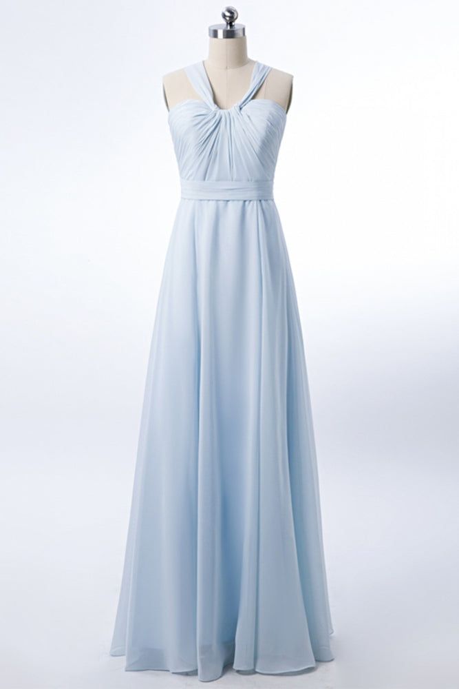  Ice Blue Halter Pleated A-Line Bridesmaid Dress