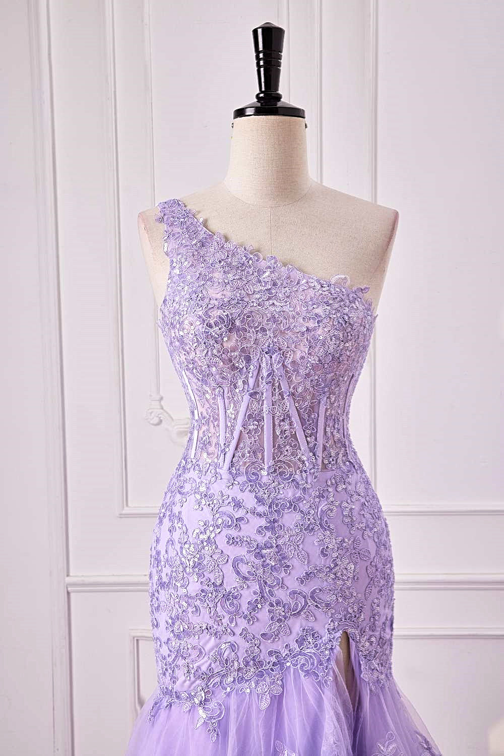 One Shoulder Lavender Lace Sequined Slit Mermaid Long Prom Dress