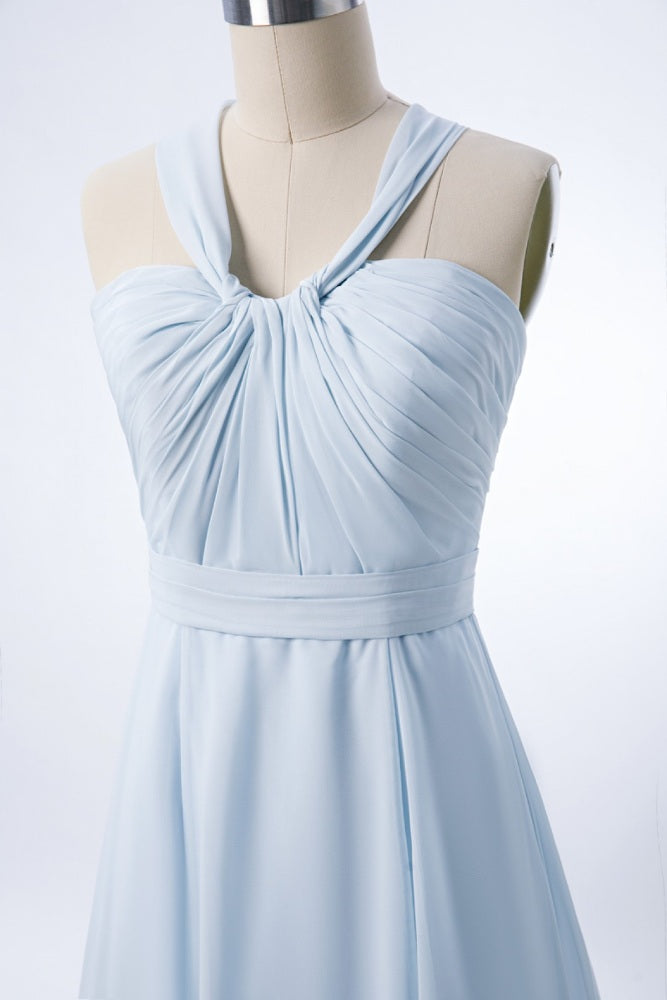  Ice Blue Halter Pleated A-Line Bridesmaid Dress