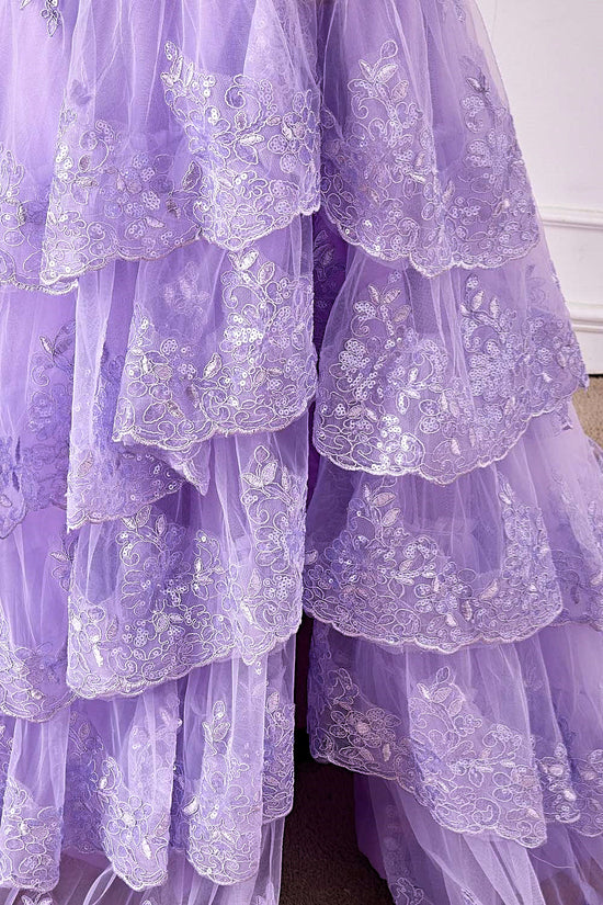 One Shoulder Lavender Lace Sequined Slit Mermaid Long Prom Dress