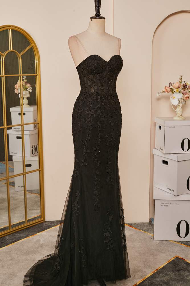 Black Strapless Lace Appliques Mermaid Long Prom Dress