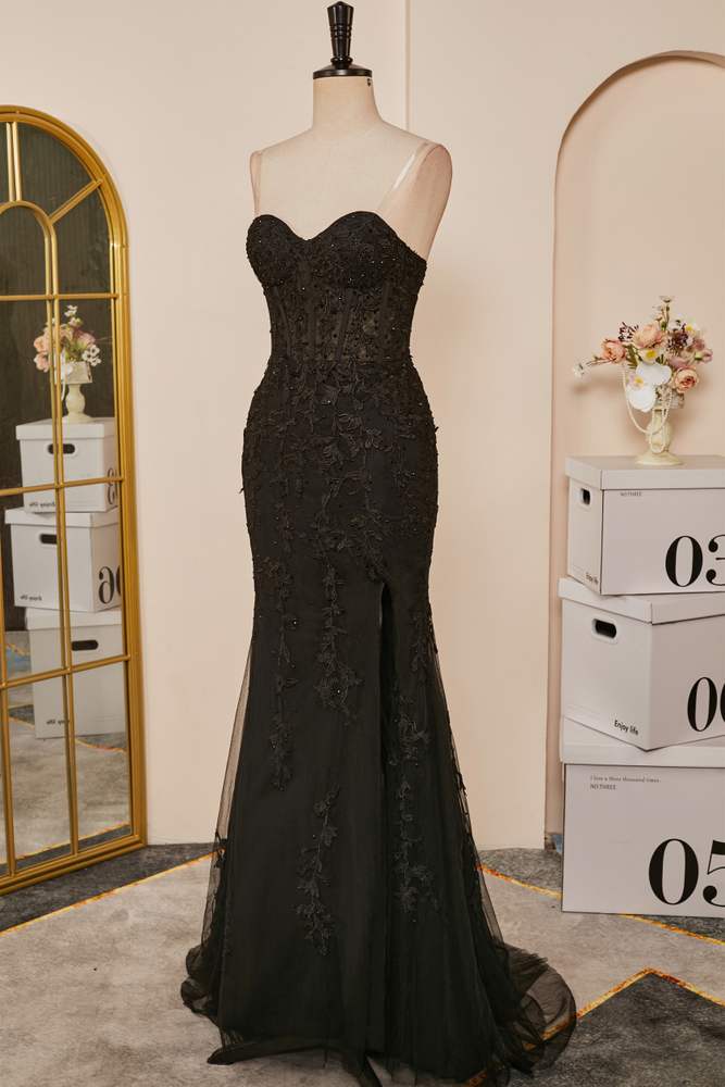 Black Strapless Lace Appliques Mermaid Long Prom Dress