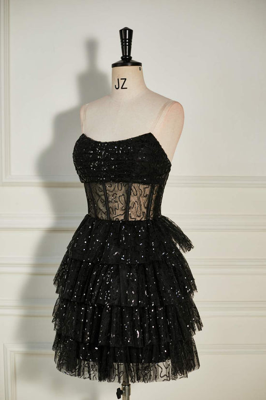 Strapless Black  Lace  Applique Ruffle Tulle Homecoming Dress