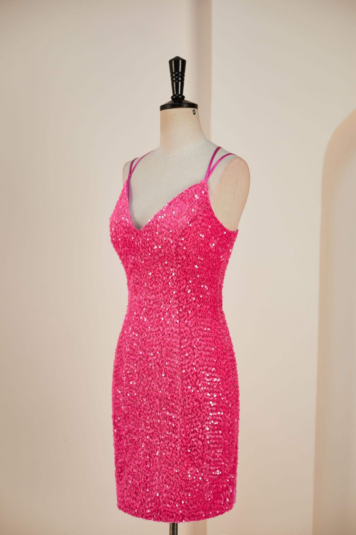 Deep V-Neck Hot Pink Sequin Sheath Criss Cross Back Homecoming Dress