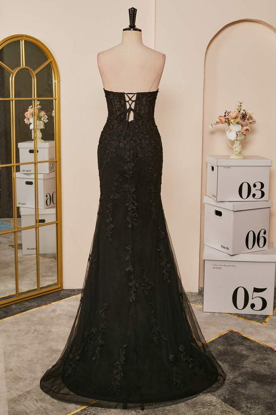 Black Strapless Lace Appliques Mermaid Long Prom Dress