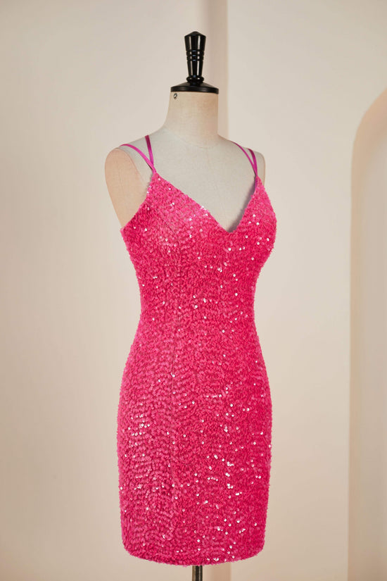 Deep V-Neck Hot Pink Sequin Sheath Criss Cross Back Homecoming Dress