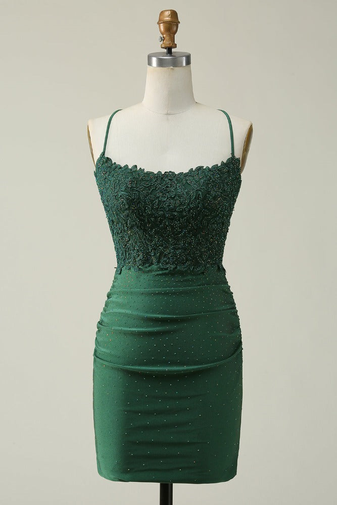 Hunter Green Straps Applique Tight Homecoming Dress with Open back