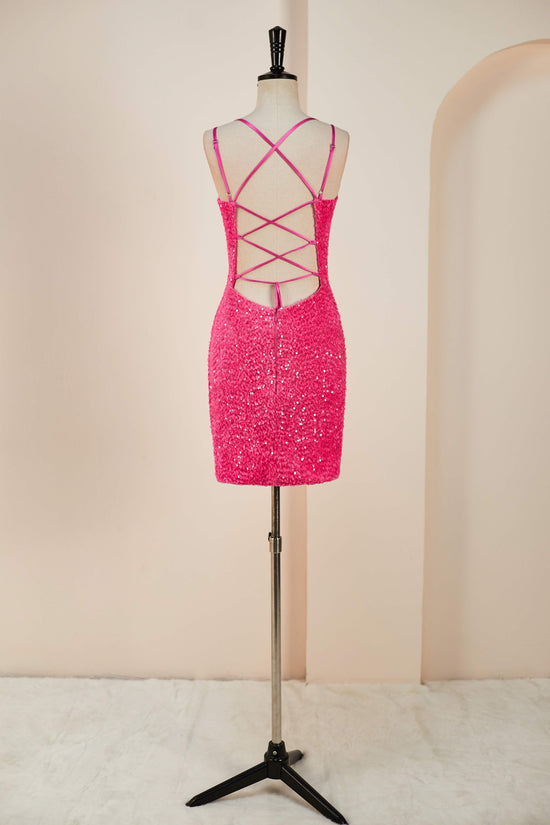 Deep V-Neck Hot Pink Sequin Sheath Criss Cross Back Homecoming Dress