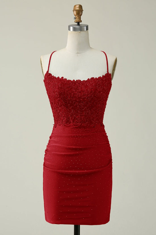 Red Straps Applique Tight Homecoming Dress with Open back