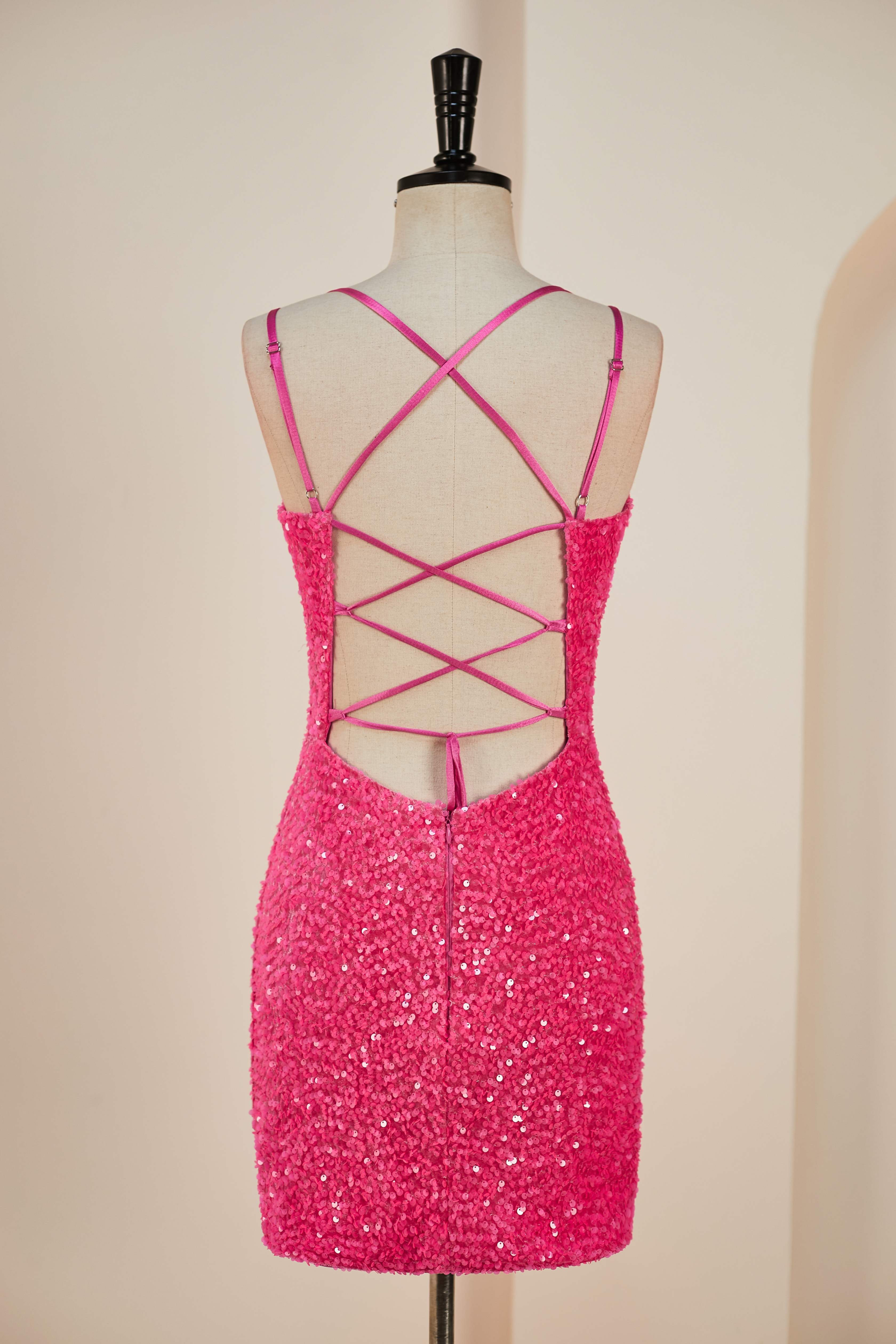 Deep V-Neck Hot Pink Sequin Sheath Criss Cross Back Homecoming Dress