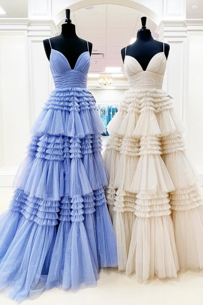 Spaghetti Straps Blue Layered Tulle Long Prom Dress