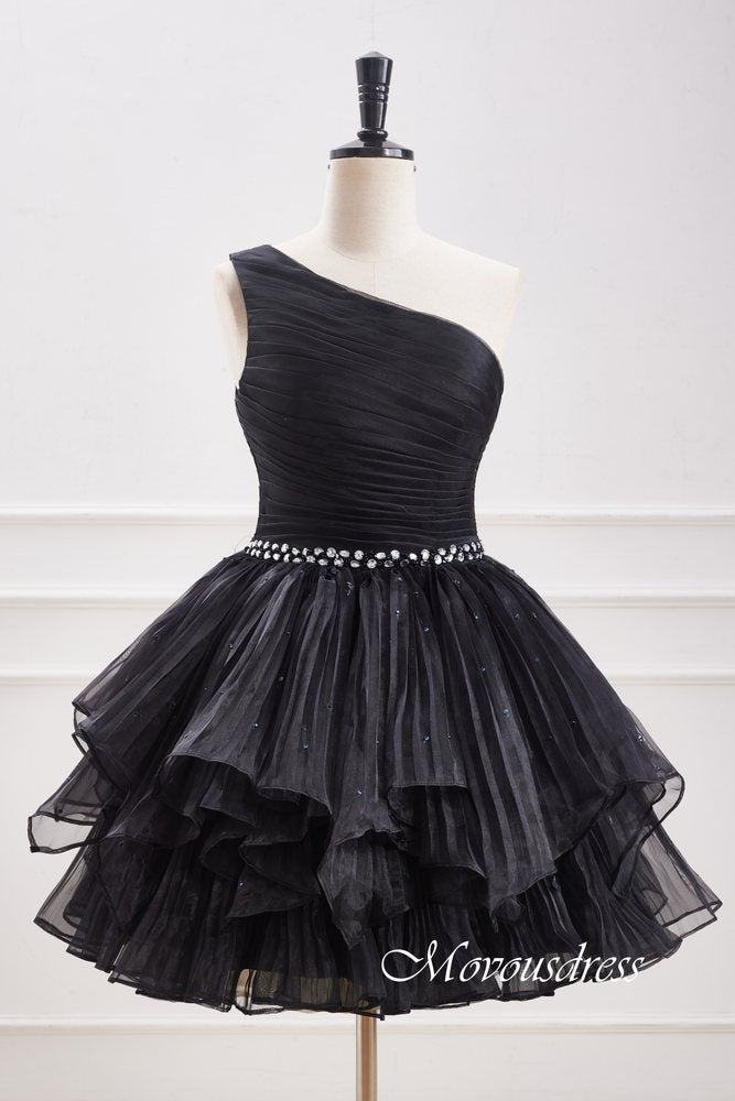 Black One Shoulder Pleated Multi-Layer Homecoming Dress