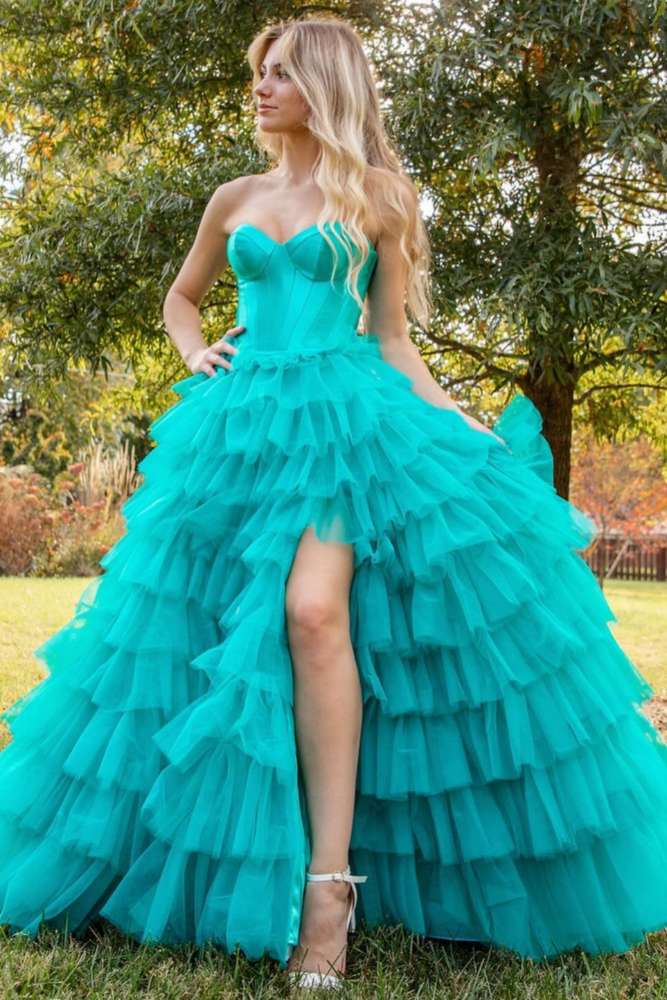 Strapless Turquoise Corset Layered A-Line Prom Dress