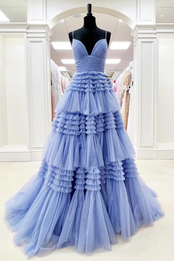 Spaghetti Straps Blue Layered Tulle Long Prom Dress