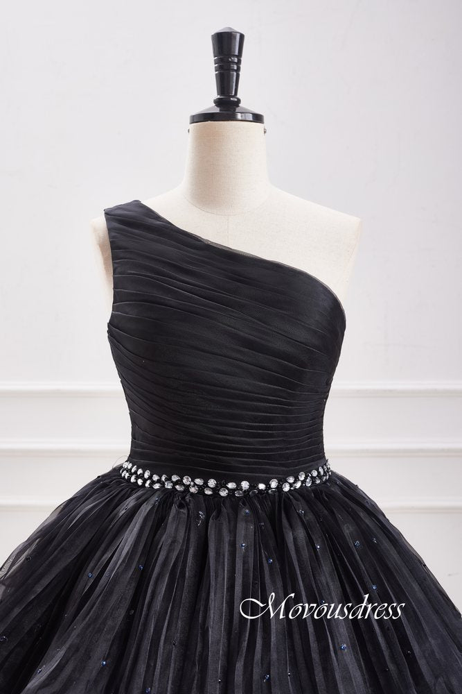 Black One Shoulder Pleated Multi-Layer Homecoming Dress