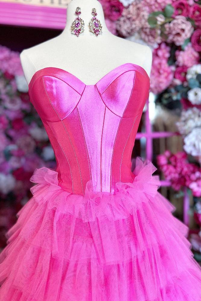 Strapless Hot Pink Corset Layered A-Line Prom Dress