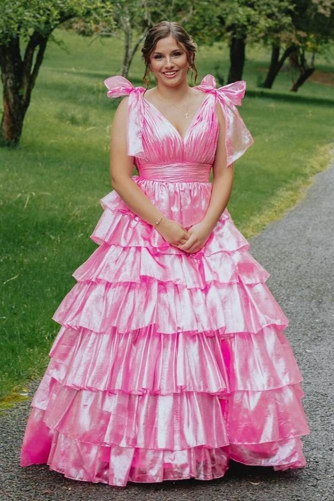 V-Neck Pink A-Line Ruffle Prom Dress with Bow Tie Straps