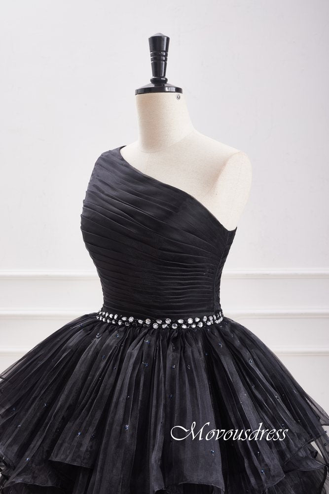 Black One Shoulder Pleated Multi-Layer Homecoming Dress