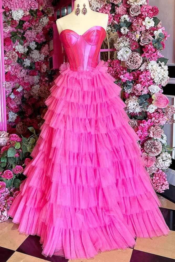 Strapless Hot Pink Corset Layered A-Line Prom Dress