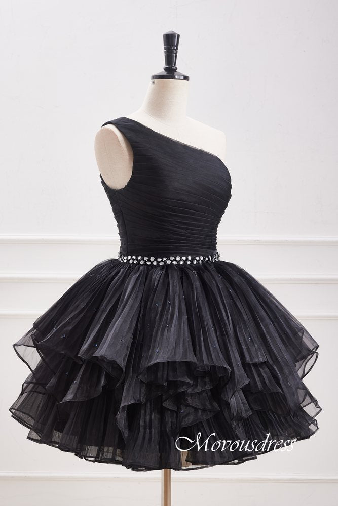 Black One Shoulder Pleated Multi-Layer Homecoming Dress