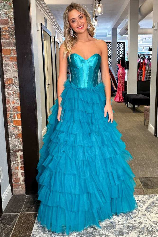 Strapless Teal Corset Layered A-Line Prom Dress