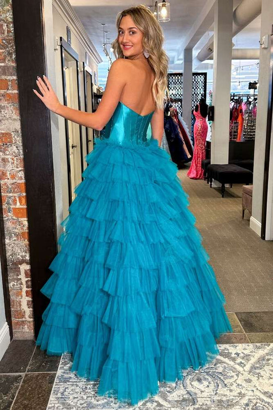 Strapless Teal Corset Layered A-Line Prom Dress