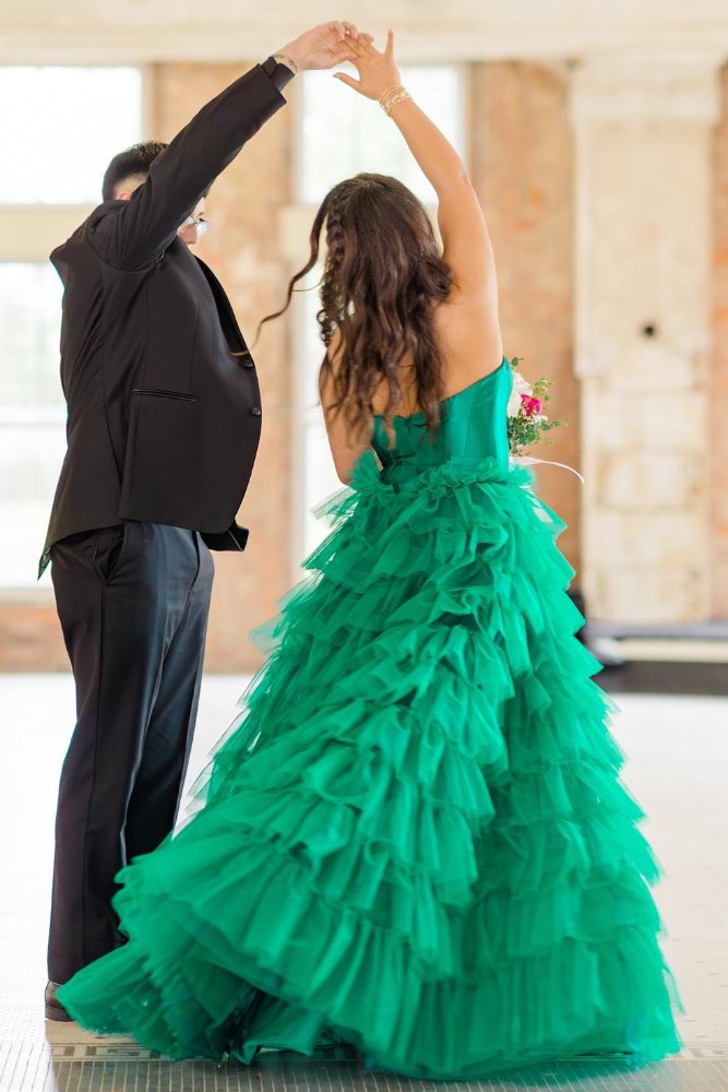 Strapless Emerald Green Corset Layered A-Line Prom Dress