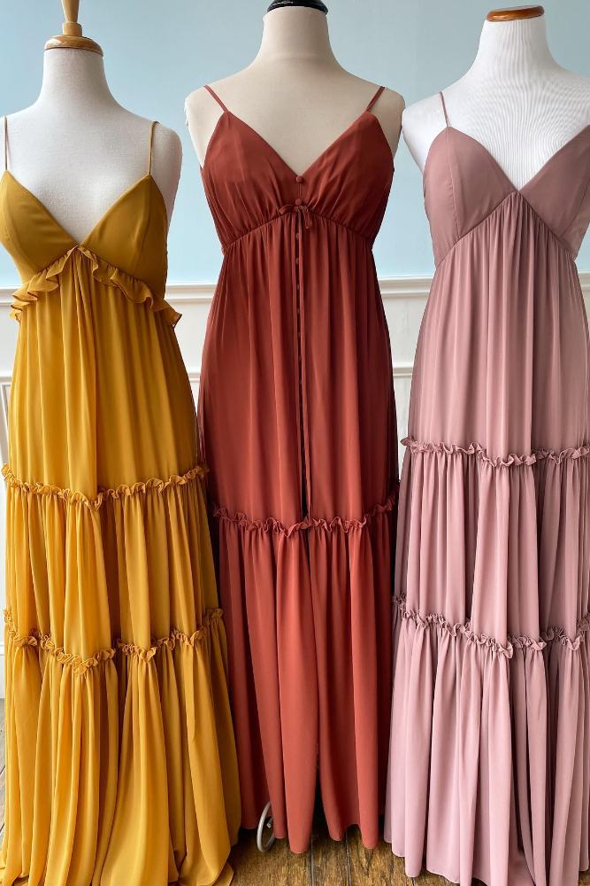 Spaghetti Straps Ruffle Long Bridesmaid Dress