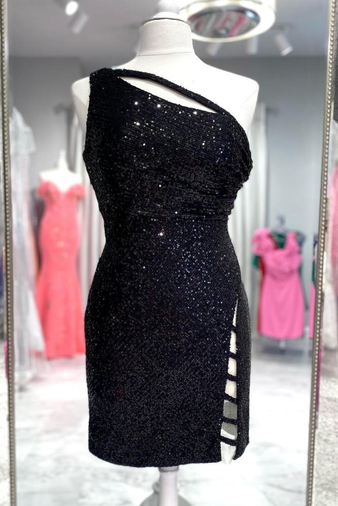 Black One shoulder Sequin Tight Open Back Homecoming Dress