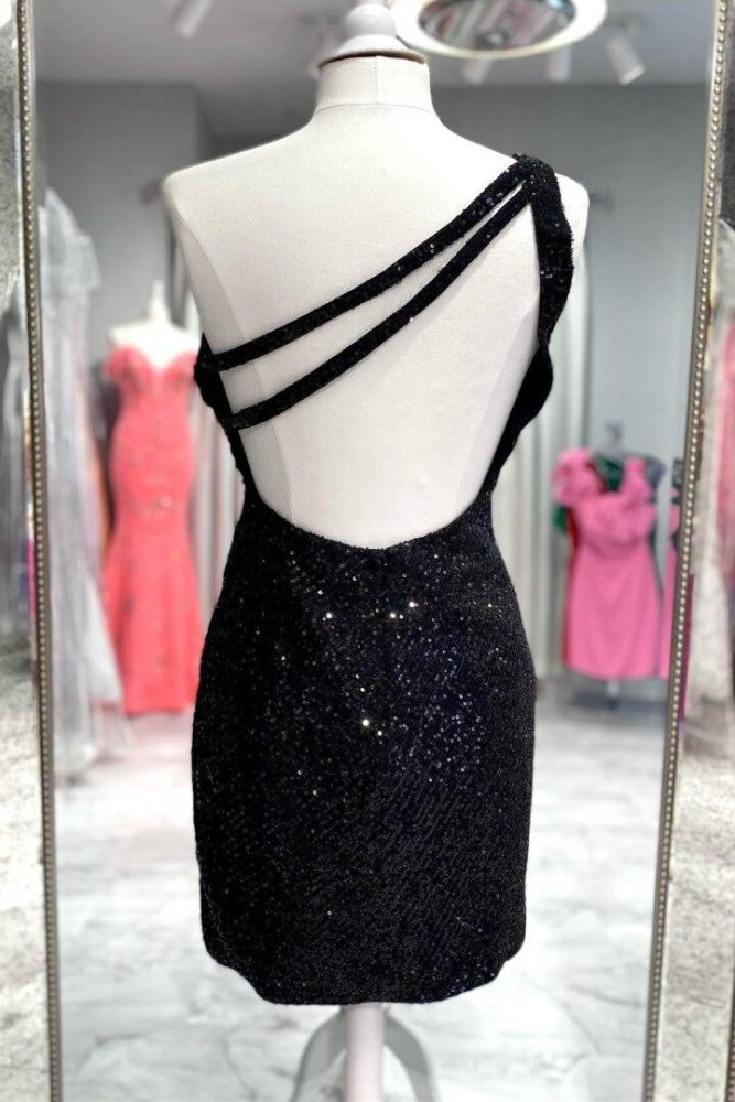 Black One shoulder Sequin Tight Open Back Homecoming Dress