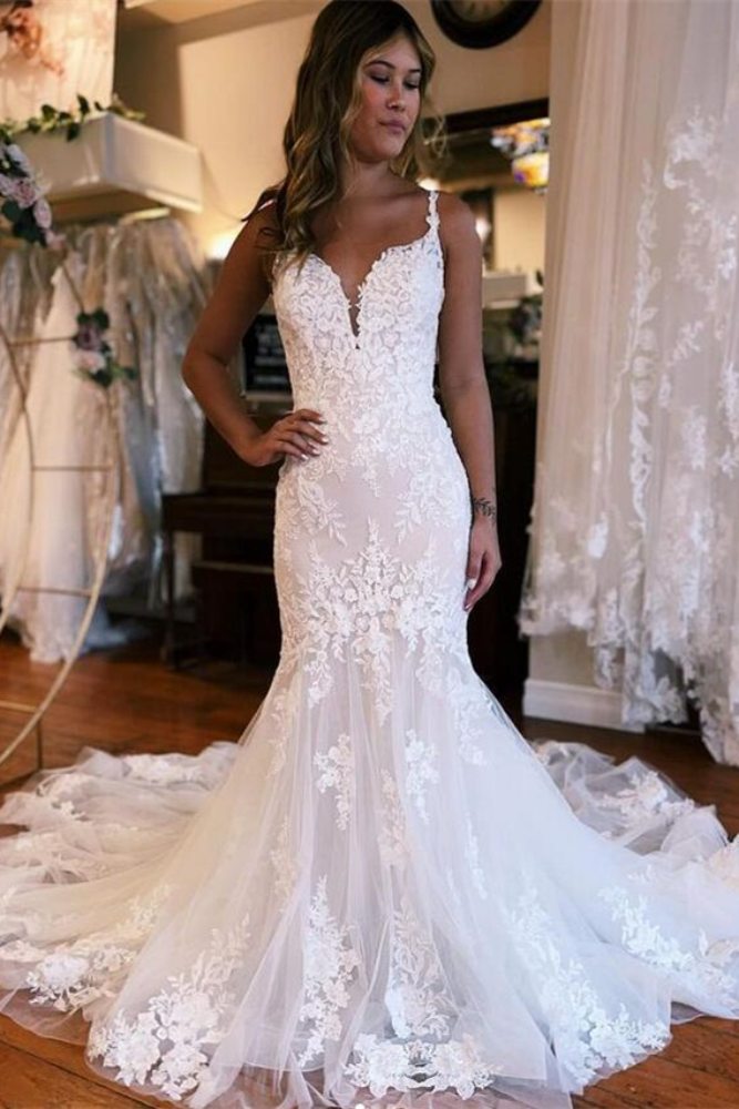 White Plunging Neck Appplique Mermaid Bridal Dress