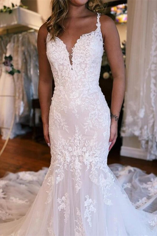 White Plunging Neck Appplique Mermaid Bridal Dress