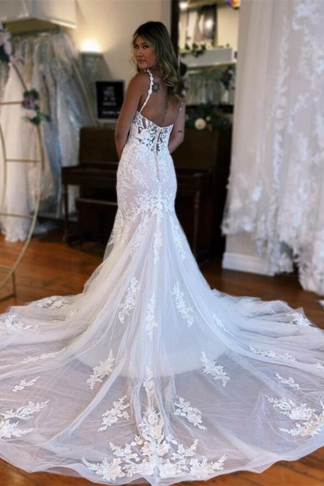 White Plunging Neck Appplique Mermaid Bridal Dress