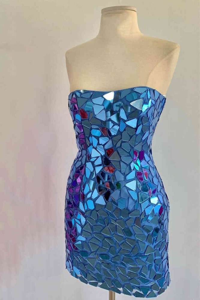 Blue Mirror-Cut Sequin Tight Homecoming Dress with Lace-up