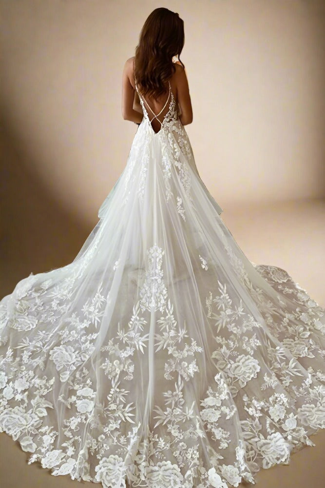 Ivory Plunging Neck Lace  Long Wedding Dress