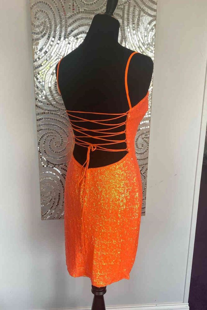 Orange Spaghetti Straps Tight Homecoming Dress with Lace-up