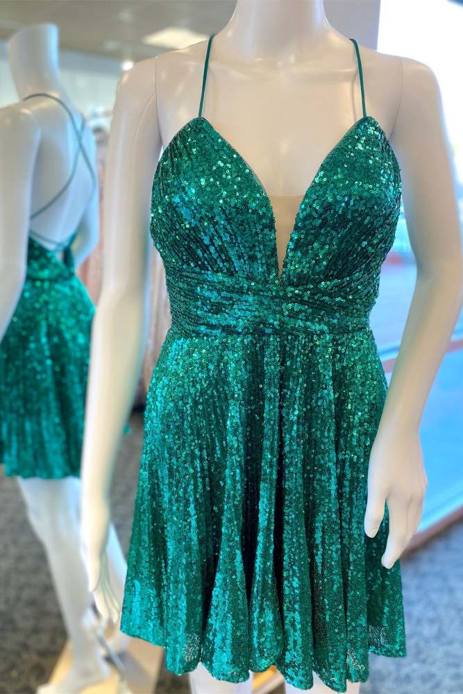 Emerald Green V-Neck Sequin Homecoming Dress with Lace-up