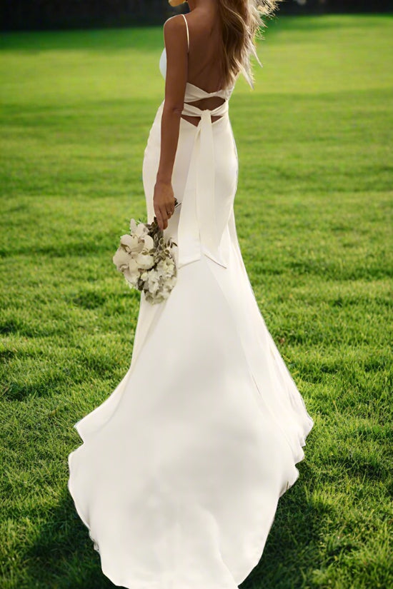 Ivory Spaghetti Straps Satin Wedding Dress with Slit